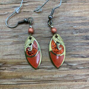 Berebl Vintage Dangling Burnt Red Orange Enamel Boho Gold Tone Earrings